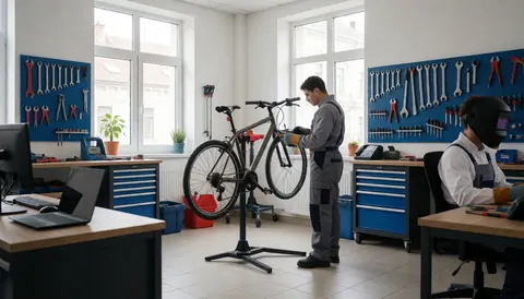 Bicycle repair shop with worker in uniform adjusting bike on stand, tools on wall, natural light from windows