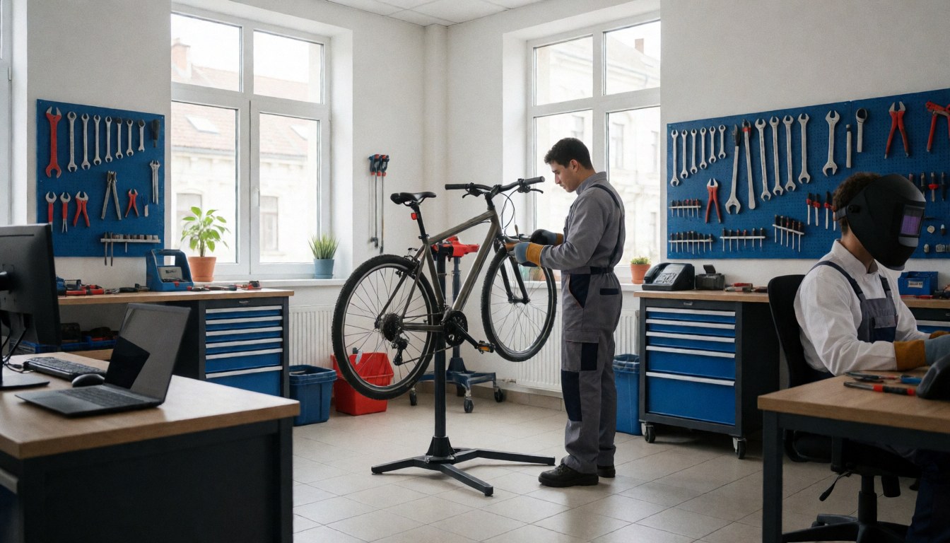 Bicycle repair shop with worker in uniform adjusting bike on stand, tools on wall, natural light from windows