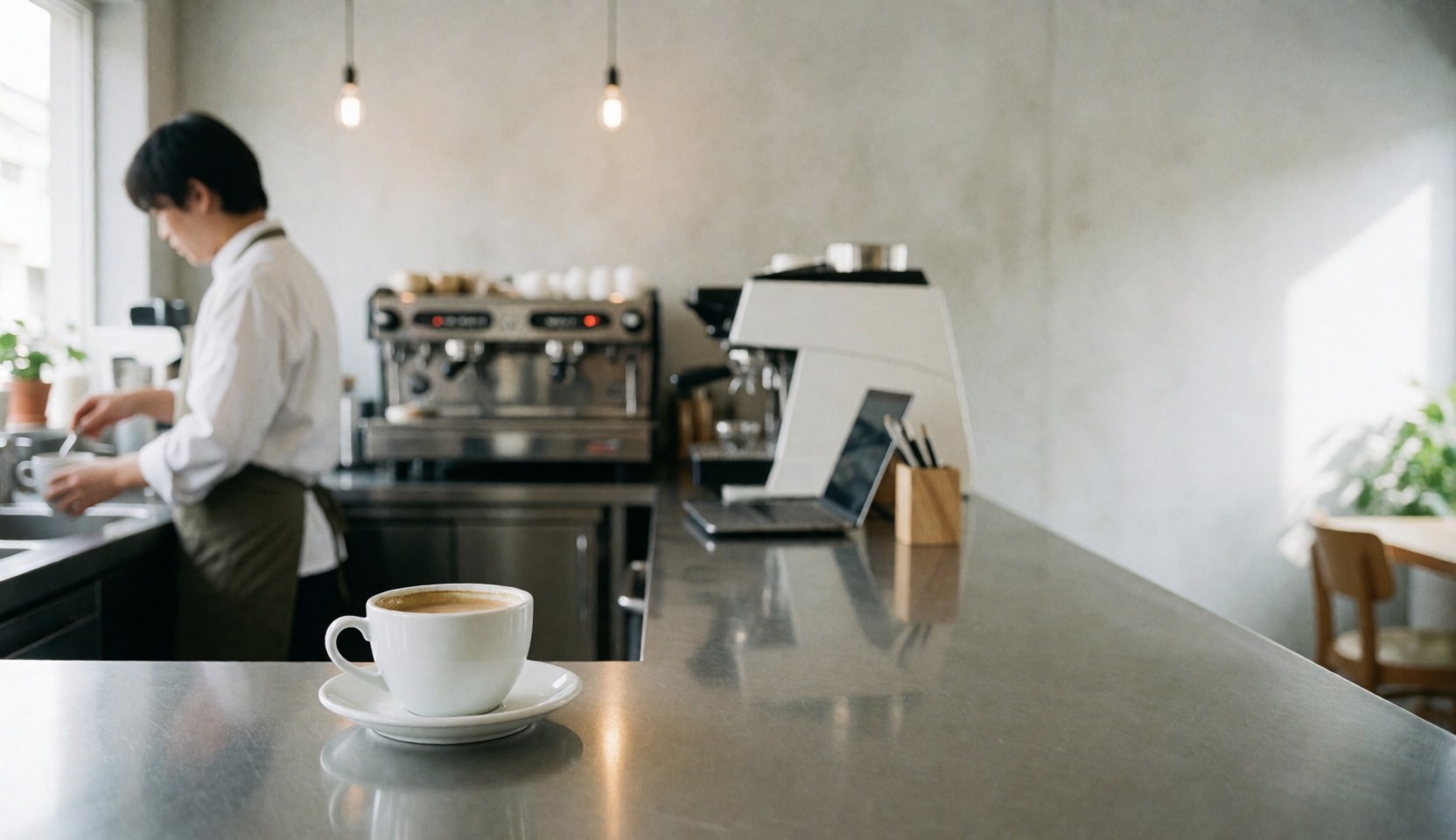 Latte in a cup on a stainless steel bar with a person working near an espresso machine and concrete walls in the background