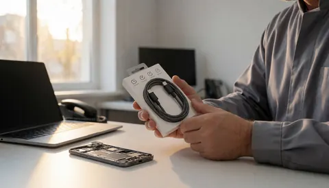 Repair technician displays a new charging cable in its packaging while a disassembled phone rests on the workbench.