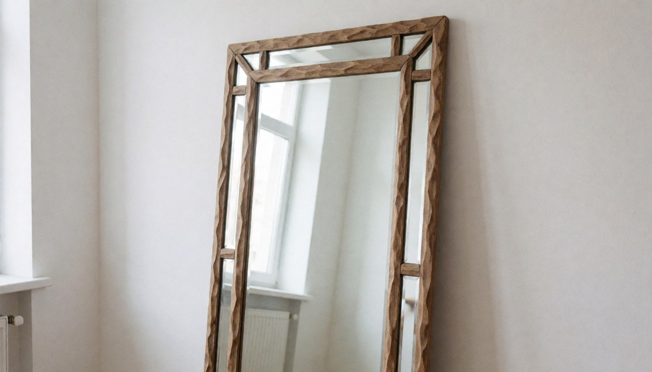 A handmade mirror featuring a carved wooden frame, reflecting natural light and a white wall in a glassblowing workshop setting.