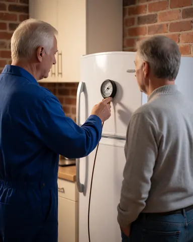 Technician in blue shirt checks white refrigerator with older client against brick wall while holding measuring tool