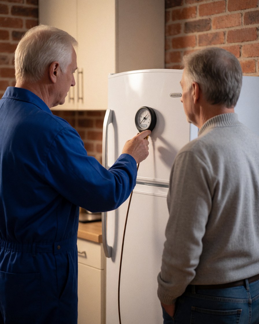 Technician in blue shirt checks white refrigerator with older client against brick wall while holding measuring tool