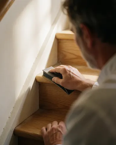 Professional sanding the edge of a wooden staircase with a sanding block under natural light in an interior space