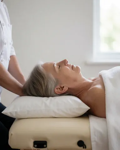 A client receives a cervical massage on a treatment table with a therapist and white pillow, natural light and white walls.