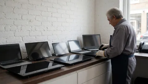 Technician inspecting laptop screens on a wooden counter with a white brick wall background.