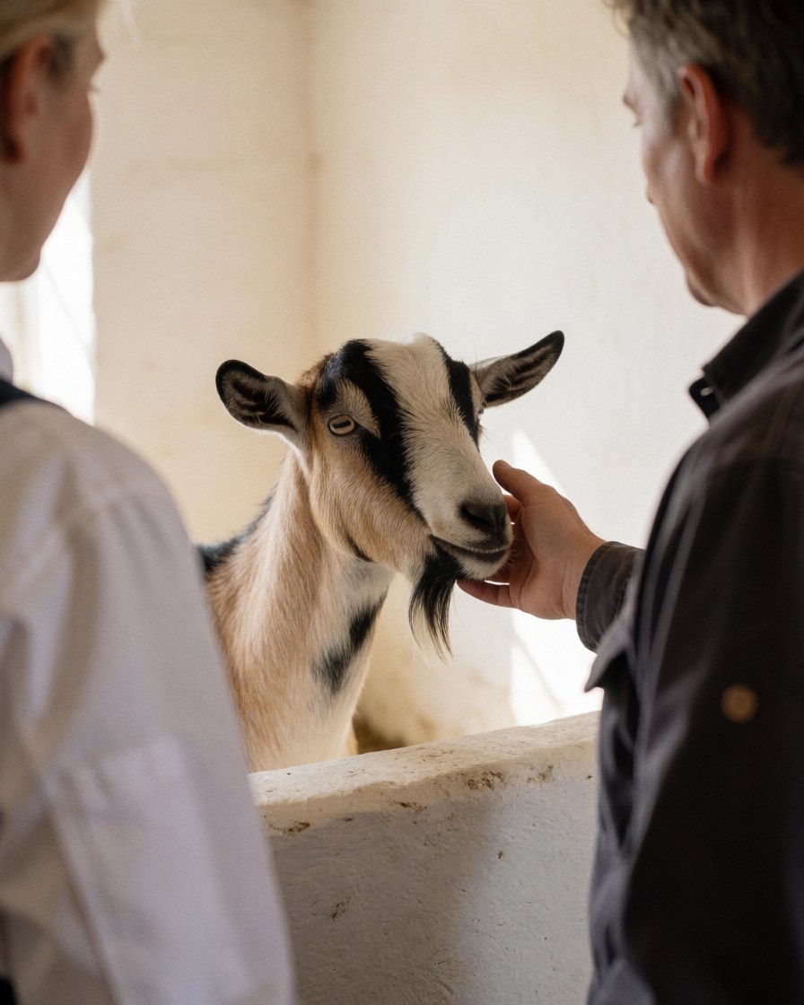 A customer gently petting a cat inside a rural lodging pen with white walls and natural light