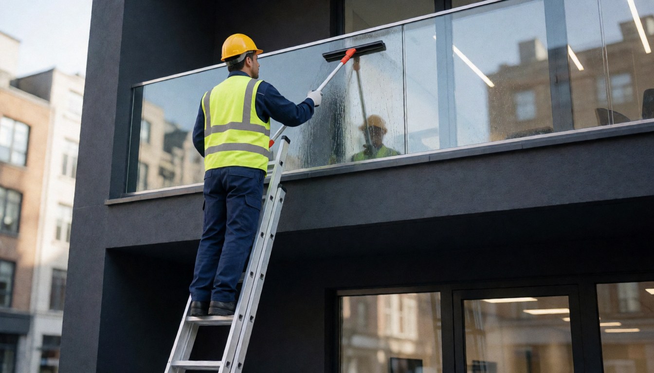 Worker with helmet and vest cleaning a large glass window with a squeegee, in a modern building with dark walls.