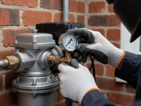 Close-up of a gloved hand adjusting a pressure gauge on industrial filtration equipment with a red brick wall and water droplets