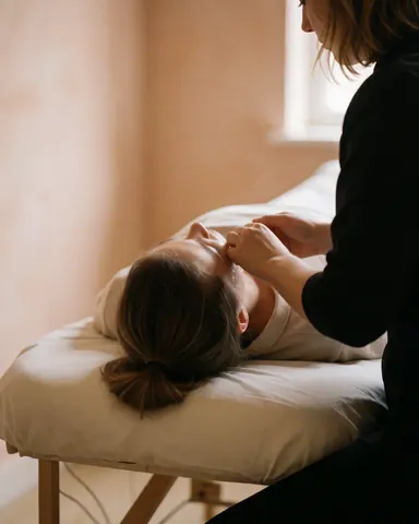 Therapist applying facial product to client lying on treatment bed in beauty salon with terracotta walls and soft natural light