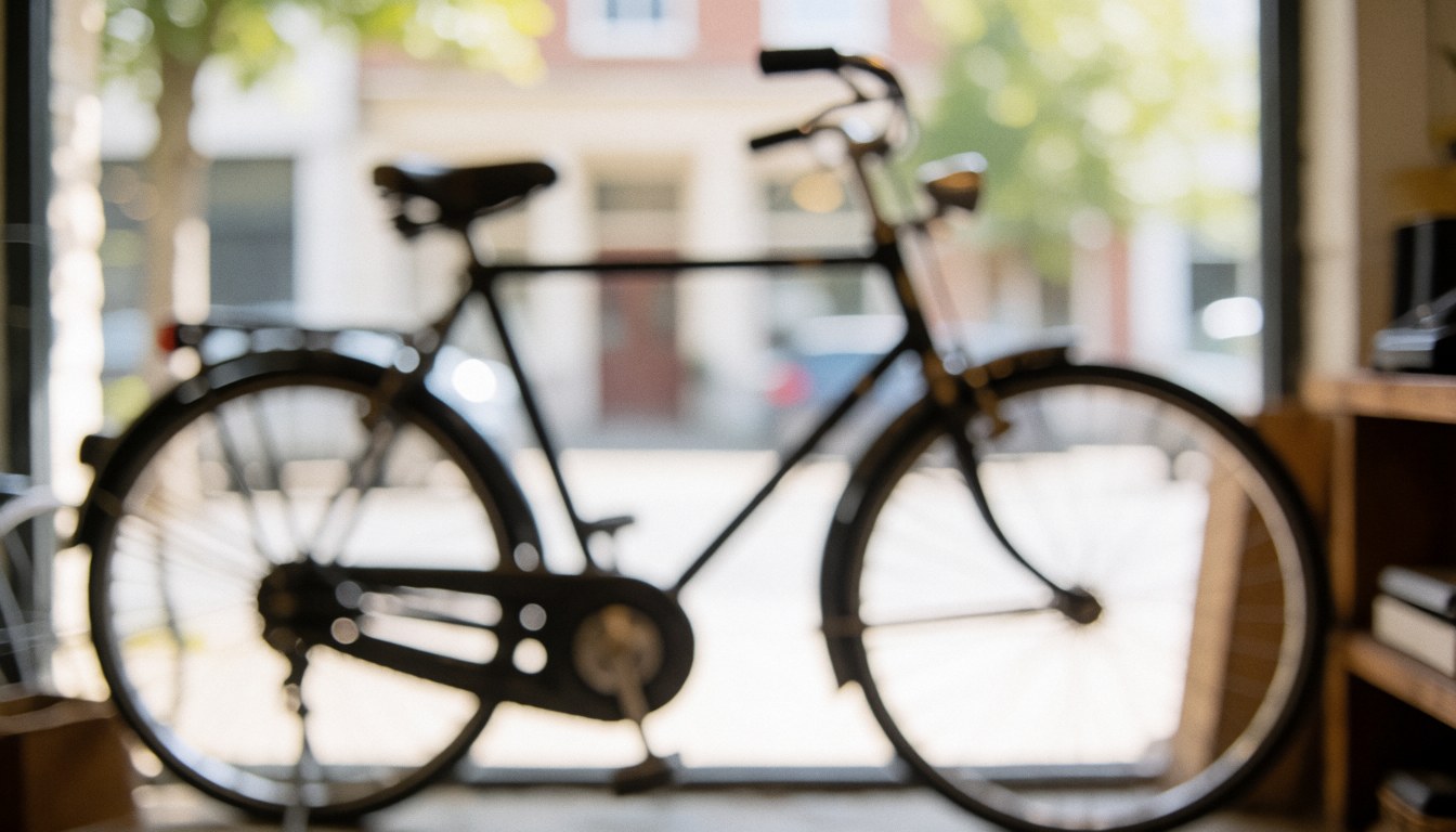 Vintage bicycle inside a workshop display case with natural light and bokeh background for text overlay