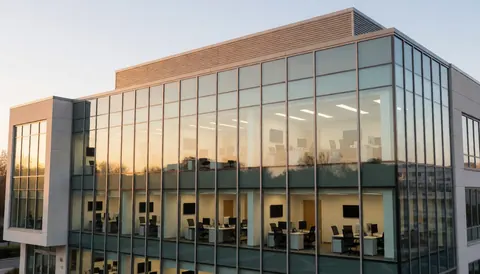 Modern corporate building facade with glass windows reflecting the sunset, showing visible office interiors with desks and lights.