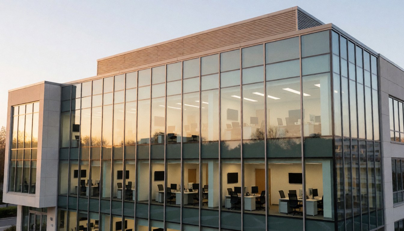 Modern corporate building facade with glass windows reflecting the sunset, showing visible office interiors with desks and lights.