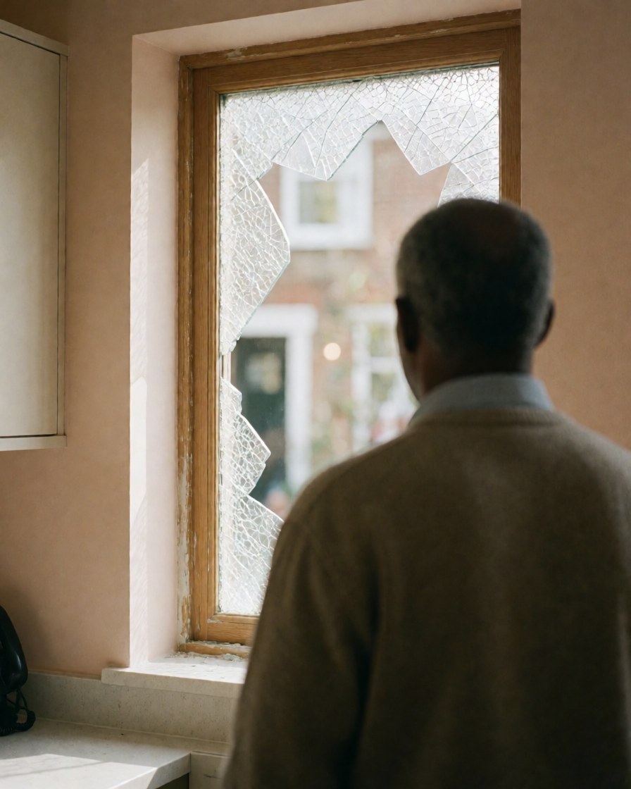 A man stands with his back to the camera looking at a broken glass window with a wooden frame in a beige kitchen illuminated by natural light.