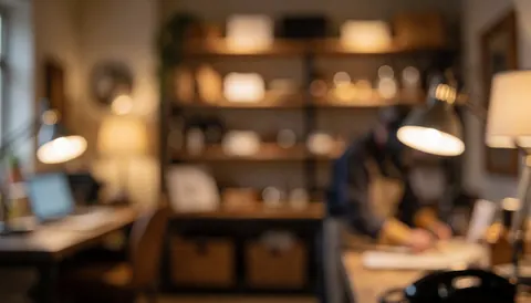 Soft focus background of a craft workshop featuring wooden tables and shelves illuminated by warm lighting, suitable for text overlay