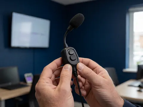 Close-up of hands holding a microphone with a communication button against a dark blue background, suitable for motorsport training contexts