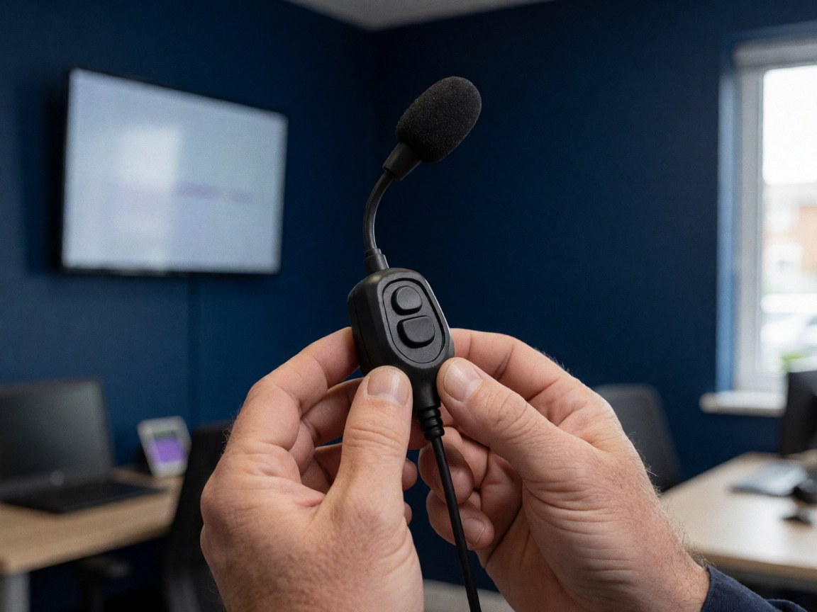 Close-up of hands holding a microphone with a communication button against a dark blue background, suitable for motorsport training contexts