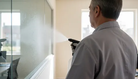 Back view of a professional cleaner disinfecting office glass with a spray bottle, leaving space for text