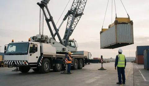 Mobile crane lifting a shipping container at an industrial port with workers supervising the operation