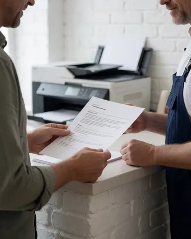 A satisfied client checks a printed document with a professional in a copy shop office featuring a printer and white brick wall.