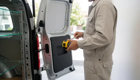 Worker in uniform measuring glass shelves in a van with white wall and natural light for window repair