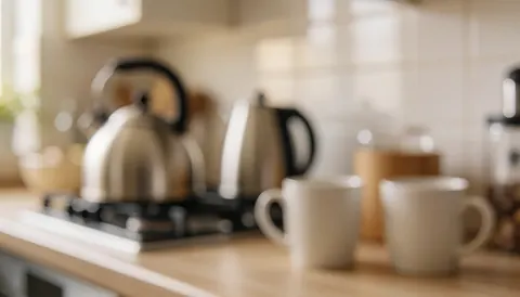 A kitchen counter background featuring a teapot and cups, providing a warm and cozy atmosphere ideal for text overlay.