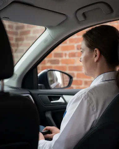 Female driver sitting in a clean, professional car interior with a red brick wall visible in the background.