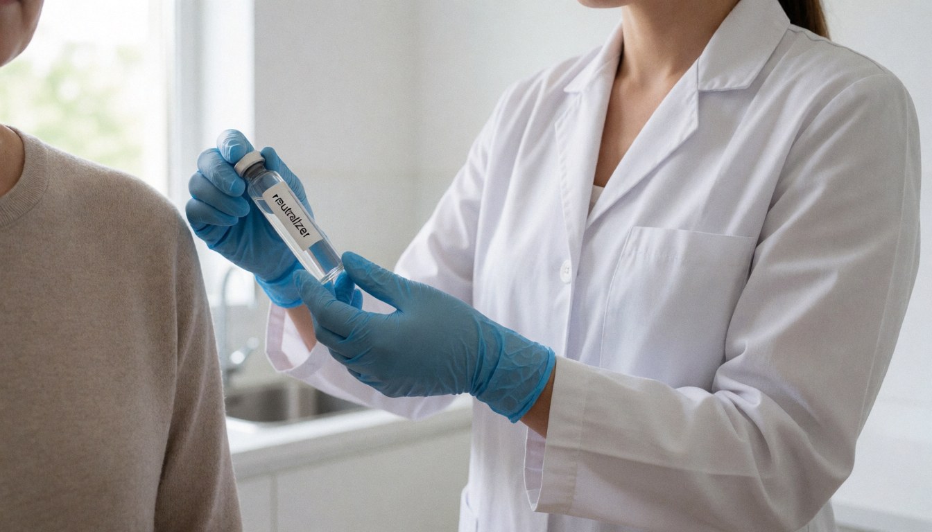 Therapist in nitrile gloves holds a neutralizer vial next to a client in a clean chemical peel treatment room