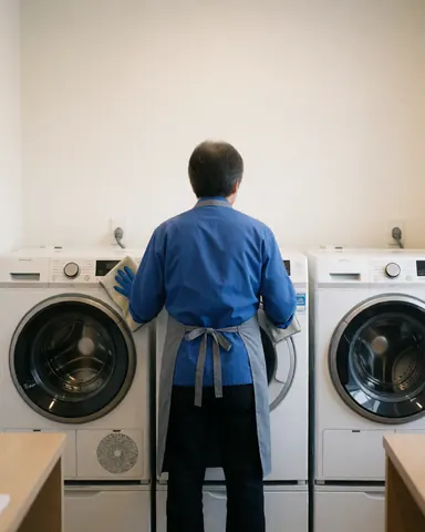 Staff member wearing an apron and gloves cleans a modern washing machine in a bright, clean laundromat.