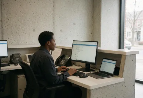 A person working on a computer in a modern office with concrete walls, showing a professional and clean environment.