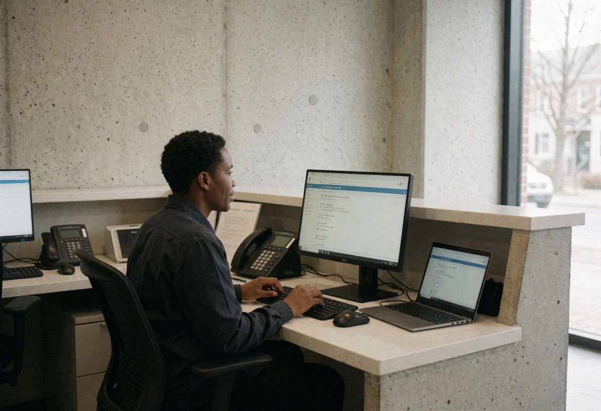 A person working on a computer in a modern office with concrete walls, showing a professional and clean environment.