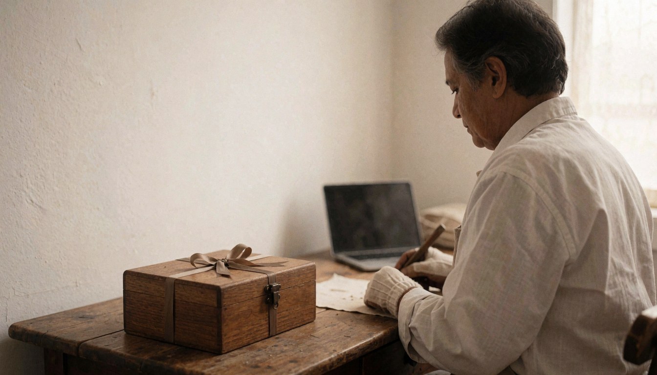 Wooden box with ribbon on a rustic table, with a person working on paper and a laptop in a warm, nostalgic atmosphere.