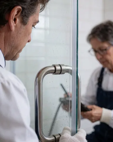 Close-up of a gloved hand adjusting metal hinges on a glass door in a tiled bathroom.