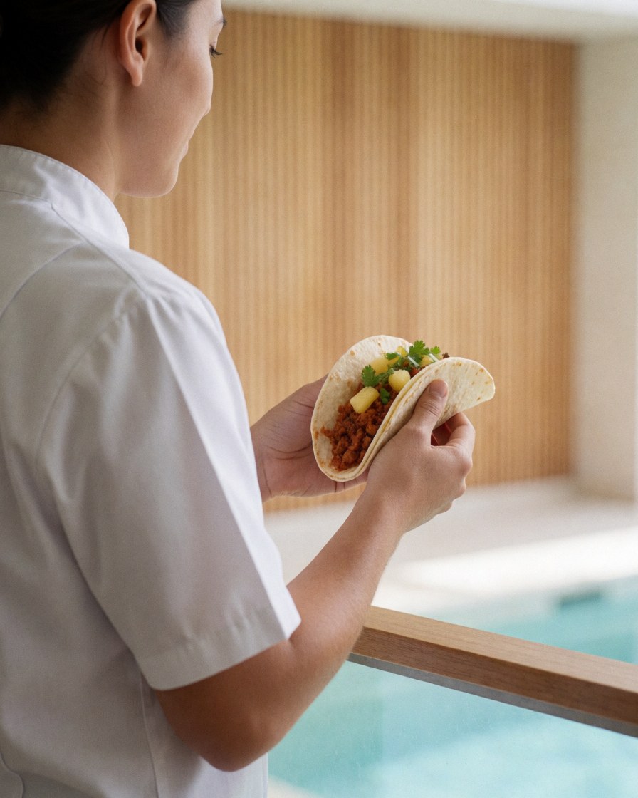 Woman in white uniform holding a taco with pineapple and cilantro near a pool with light slat wall background