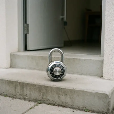 Sturdy metal combination padlock resting on a concrete step, suitable for lock repair services.