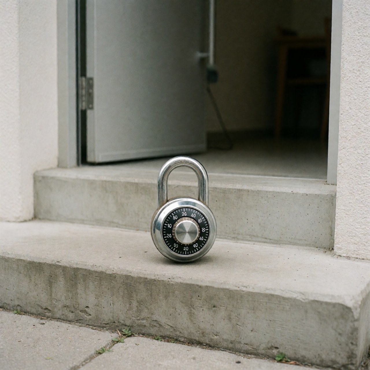 Sturdy metal combination padlock resting on a concrete step, suitable for lock repair services.