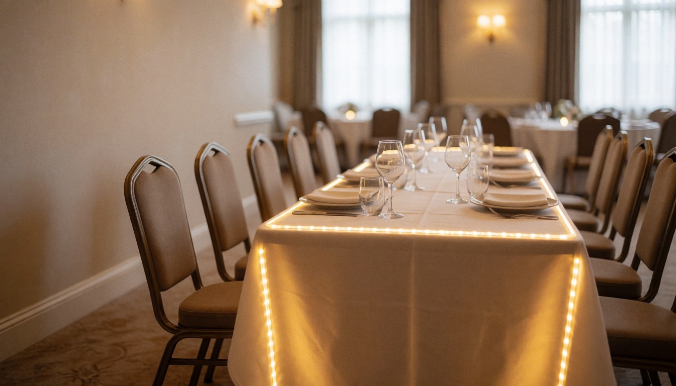 Long event table with white tablecloth, wine glasses, and warm yellow LED lights along the edge in an elegant banquet hall