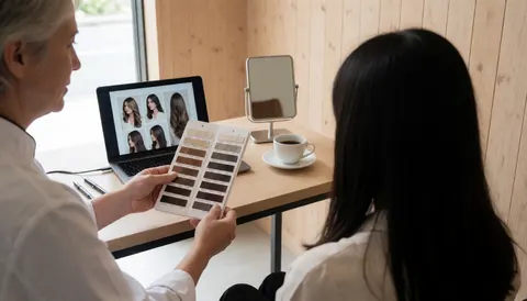 A stylist presents a hair color palette to a seated client who is viewing hair images on a laptop in a salon with light wood walls.