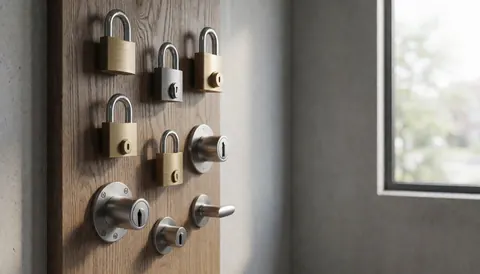 Close-up of a wooden panel featuring metal locks and door handles against a concrete wall and window with natural light, suitable for locksmith product displays