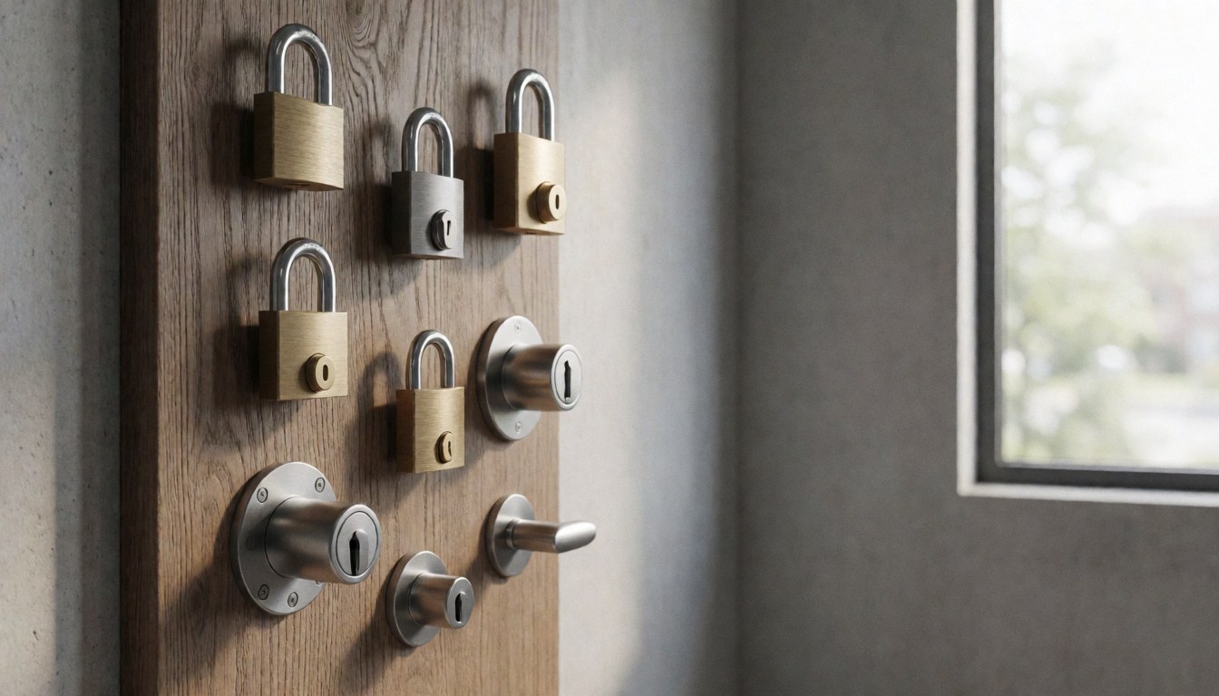 Close-up of a wooden panel featuring metal locks and door handles against a concrete wall and window with natural light, suitable for locksmith product displays