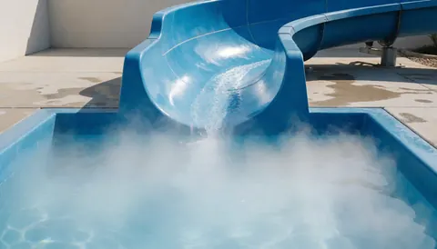Curved blue water slide with water falling into a pool, concrete floor, and bright sunlight at a water park