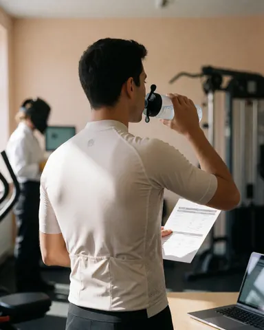 A cyclist in a white jersey drinks water while checking a nutrition plan in a gym with beige walls and training equipment.