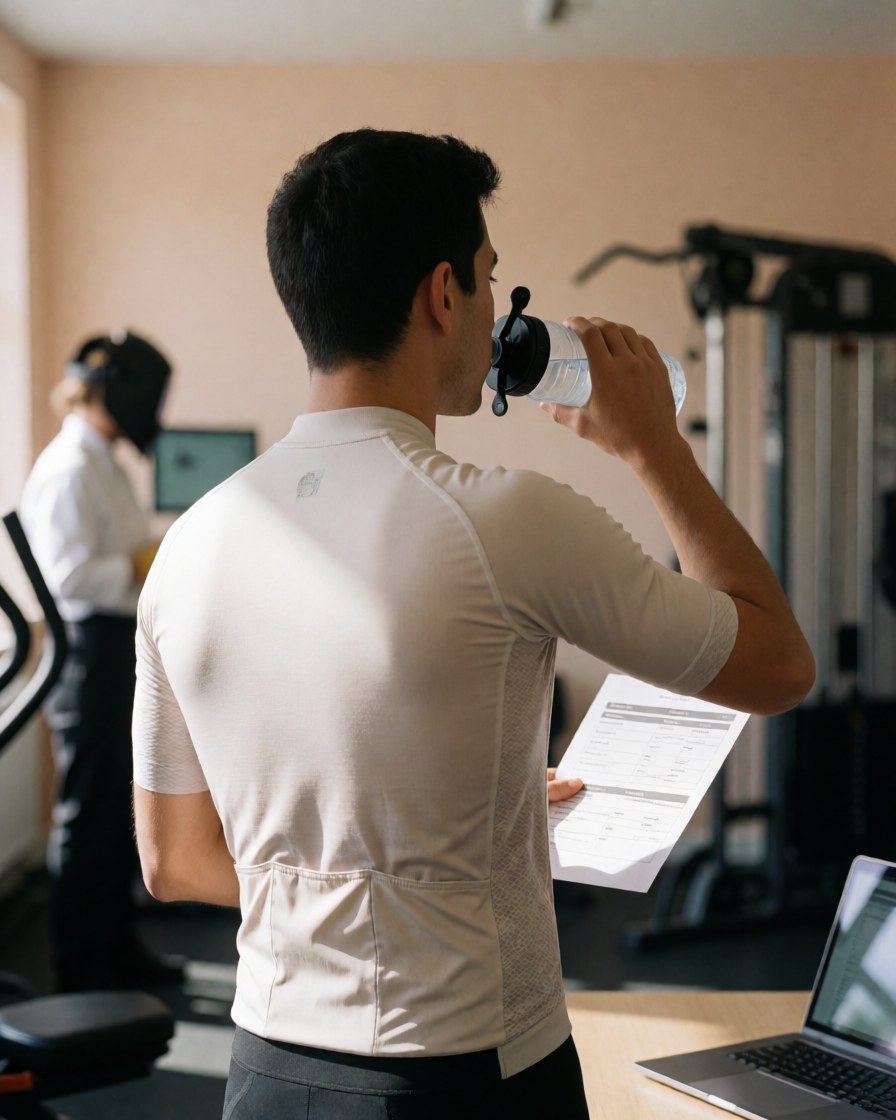 A cyclist in a white jersey drinks water while checking a nutrition plan in a gym with beige walls and training equipment.