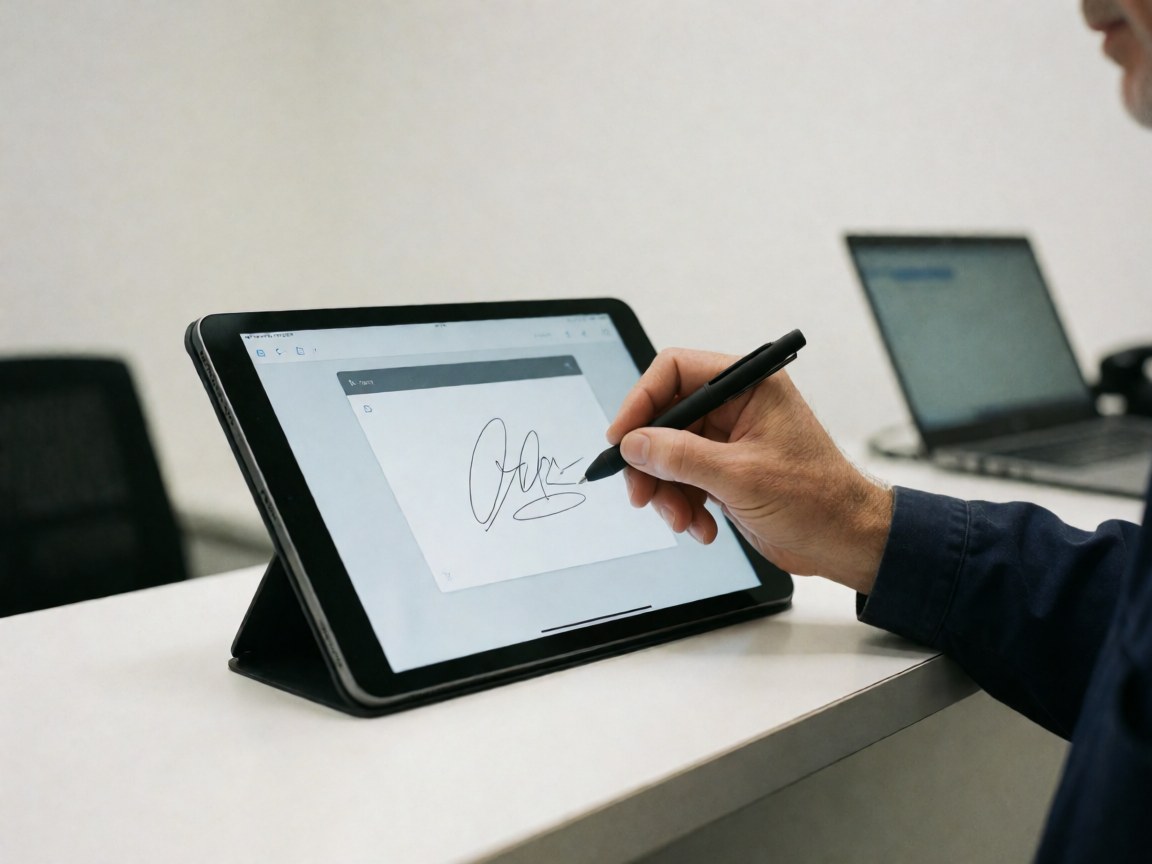 Close-up of a hand using a stylus to sign on a digital tablet screen in a modern office setting