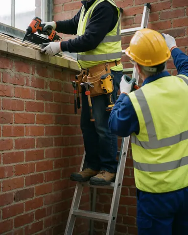 Two workers wearing helmets and safety vests on a ladder installing wooden planks on a red brick wall.