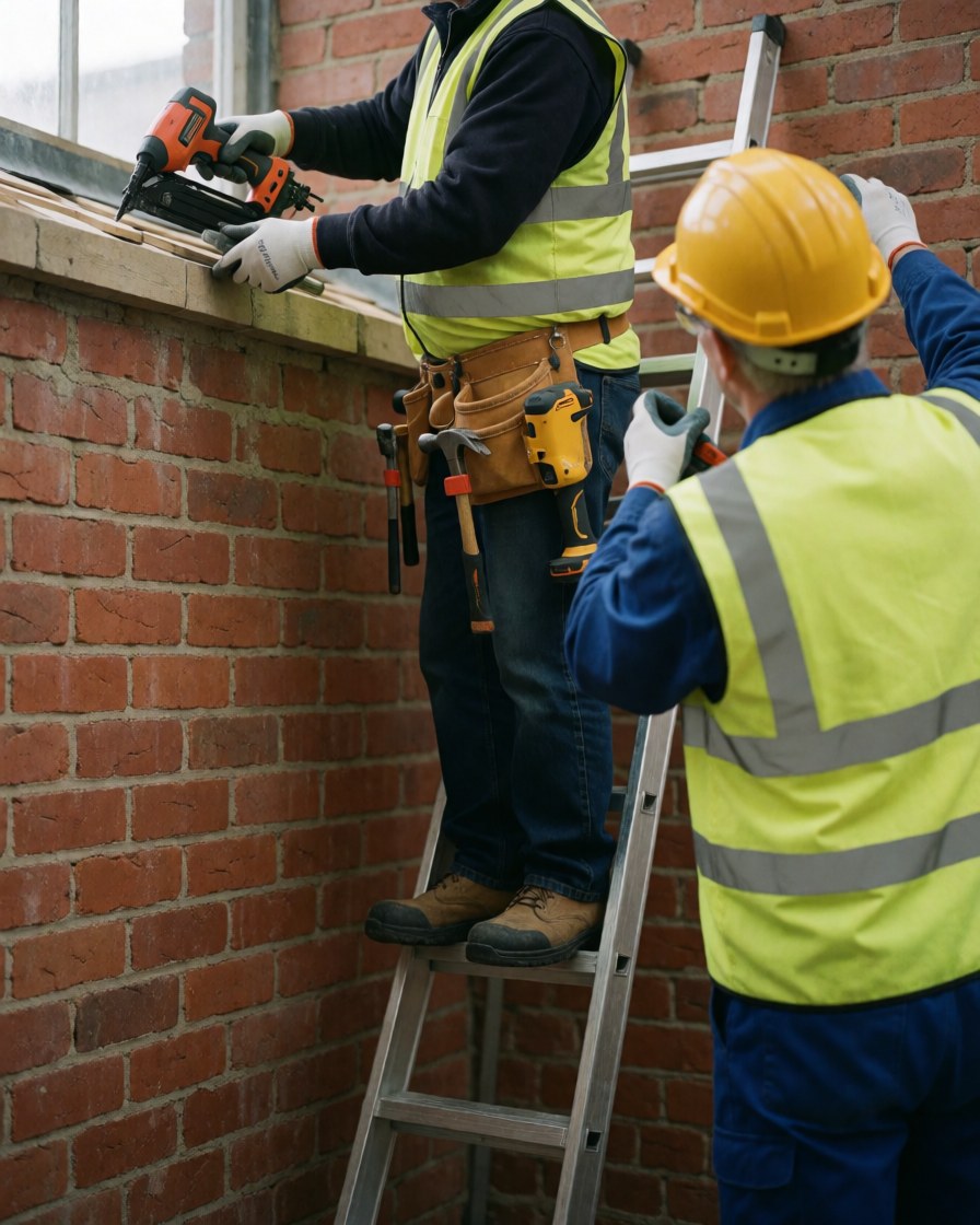 Two workers wearing helmets and safety vests on a ladder installing wooden planks on a red brick wall.