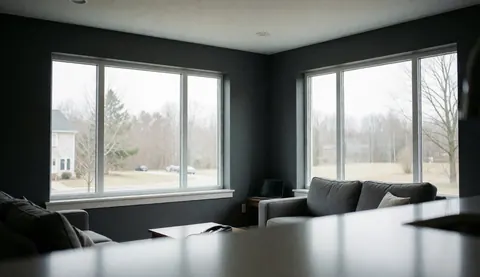 Bright living room with gray walls and large low-e windows, natural light, empty blurred space for text, ideal for window installation business