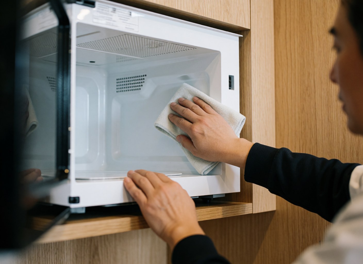 A hand wipes the inside of a white microwave with a microfiber towel in a kitchen with light wood walls.