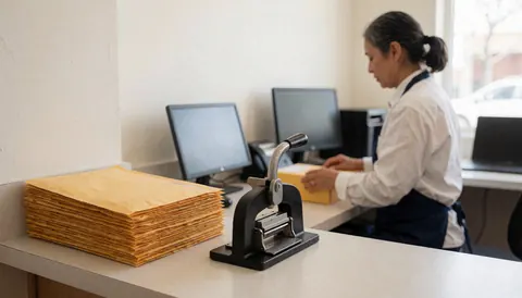Person using a hand stamp on a stack of manila envelopes at a white desk in a copy shop office with computers in the background