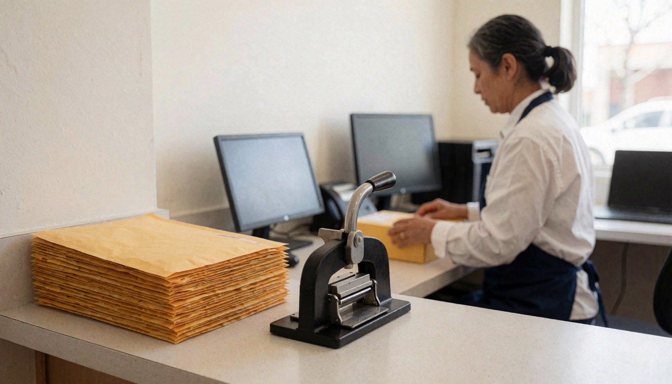 Person using a hand stamp on a stack of manila envelopes at a white desk in a copy shop office with computers in the background